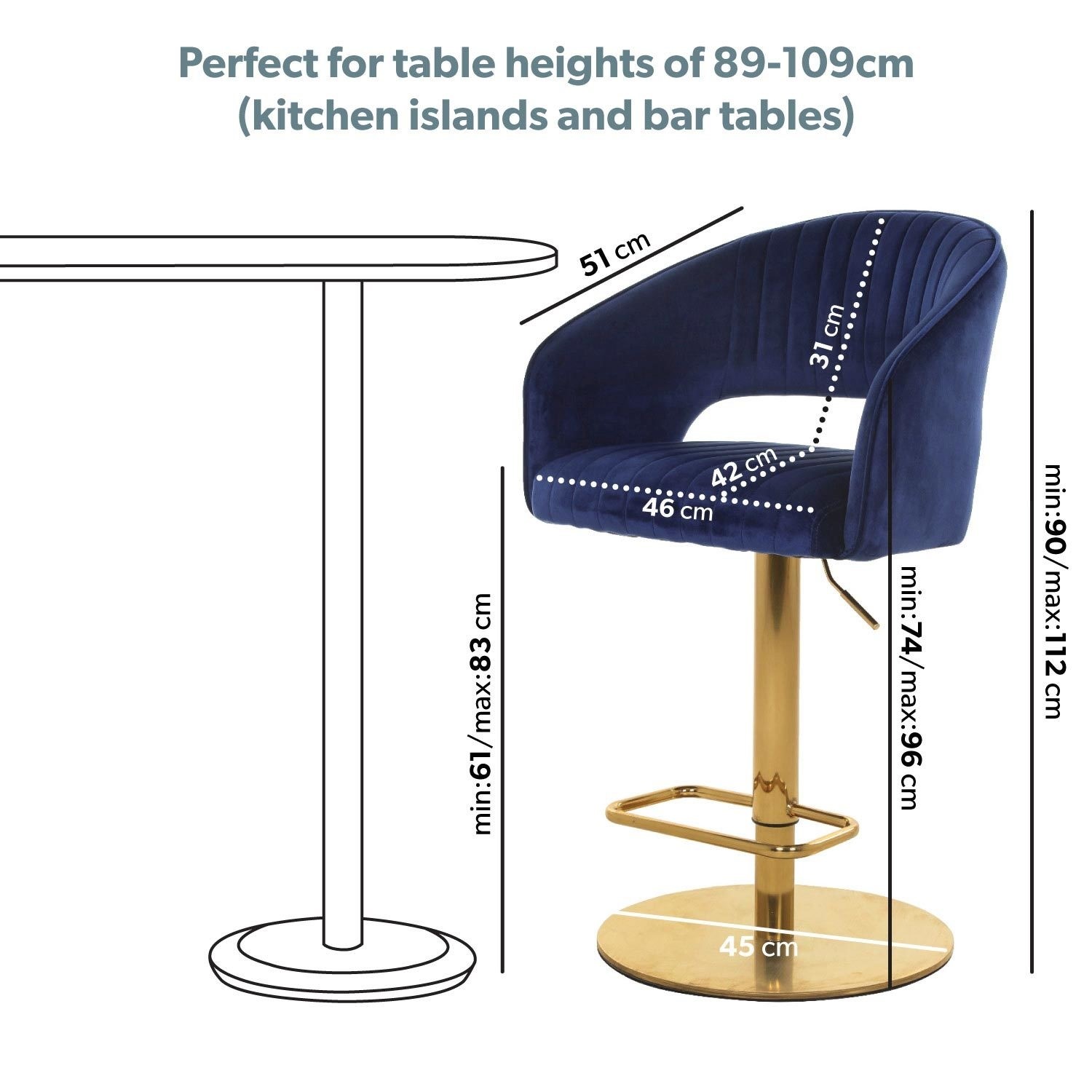 Read more about Navy blue velvet adjustable swivel bar stool with curved back runa